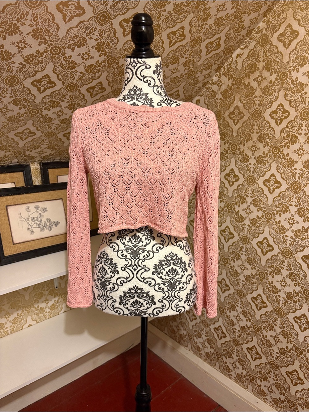 Women's Pink Crochet Cropped 
 Sweater
